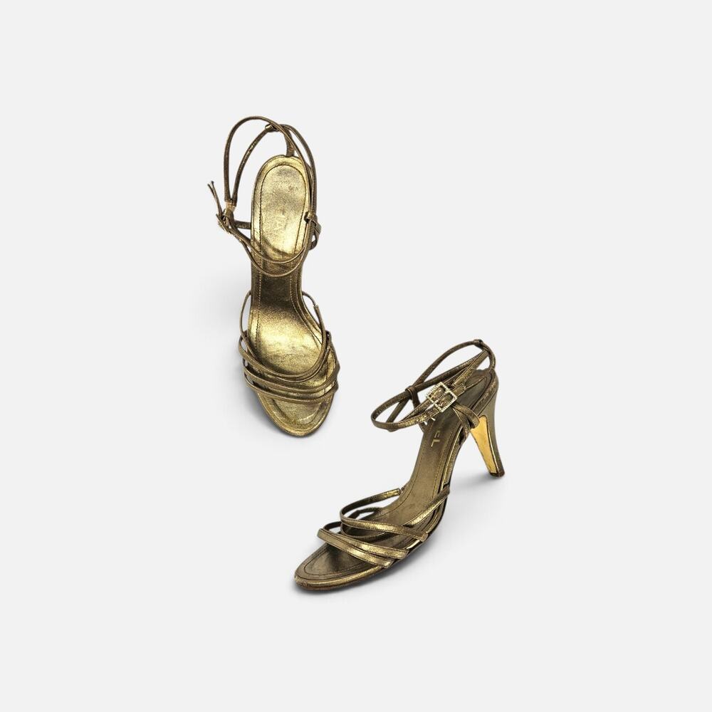 Y2k Metallic Chanel Heels Gold CC Logo Vintage Strappy - Size 37